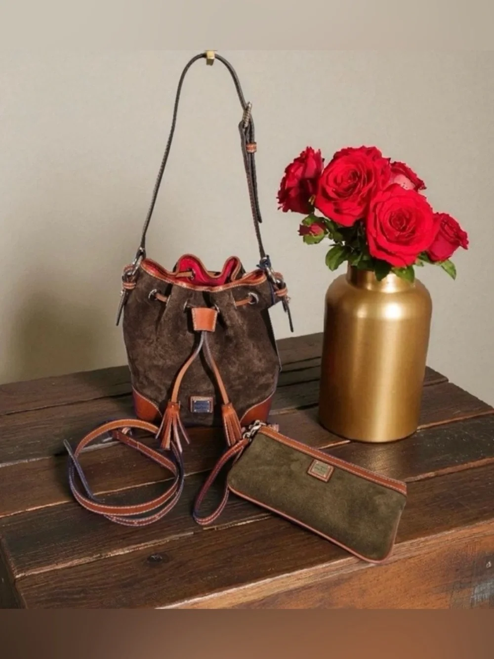 Dooney & Bourke Suede Bucket Bag / wristlet / Branded Dustbag Set (3 items)
